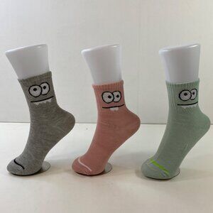 Womens Goofy Cartoon Face Crew Socks 3-Pack Ribbed Cuffs Pink Gray Blue